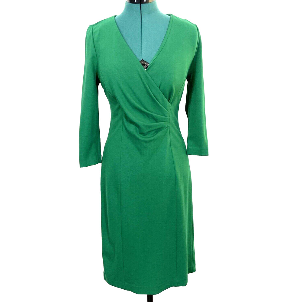 Talbots Green Long Sleeve Faux Wrap Ponte Dress Side Ruched Womens Size 4‎